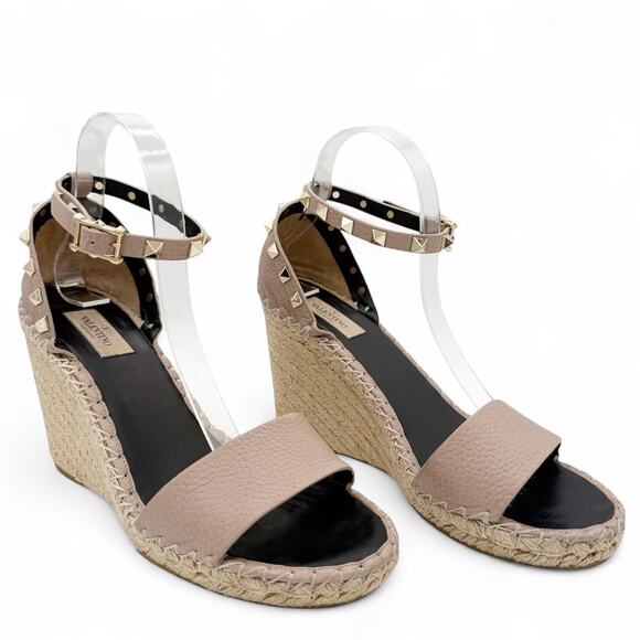 Valentino Rockstud Espadrille Wedge Sandals Nude Poudre Leather Size 40 US 10 - Picture 2 of 16